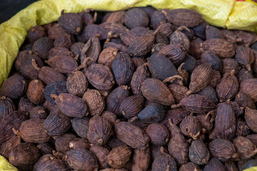 Dried Black Cardamom Pods in Bulk at Market Stall