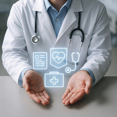 Medical professional presenting floating health symbols including heart and secure ID icon