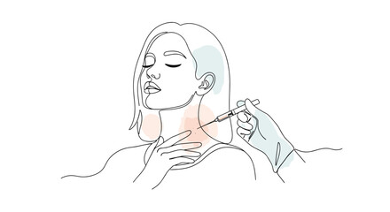Botox injection in the neck &ndash; one-line doodle drawing with watercolor fill, minimalistic vector illustration on white background

