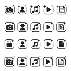 Black Multimedia and Document Sparkle Icons Set, vector illustration