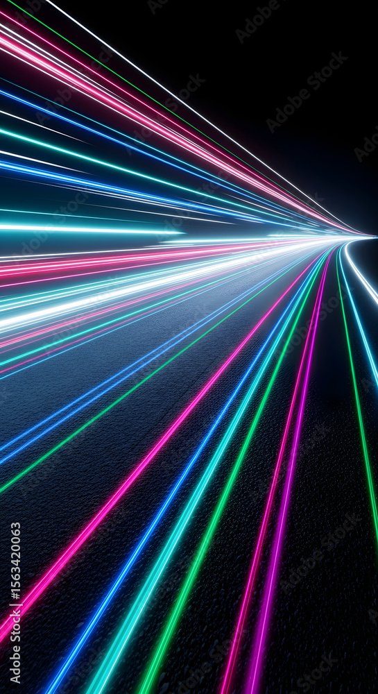 Poster abstract image of colorful light trails converging towards a bright point on a dark background.
