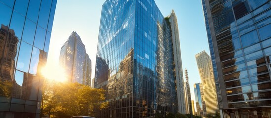 New York City skyline at sunset featuring iconic skyscrapers and urban architecture