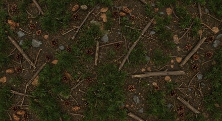 Forest floor with pine needles cones branches and rocks on dark earth