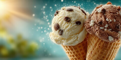 Indulging in delicious ice cream cones with chocolate and vanilla flavors on a sunny day outdoor