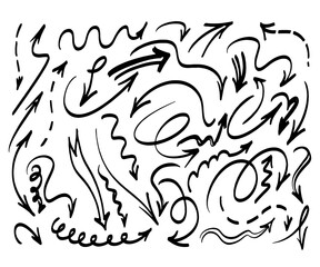 Set of black vector arrows icons for navigation, direction, and user interface design. Includes hand-drawn, curved, dashed, zigzag arrows and infographic symbols for web, app, and business use.