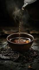 A steaming cup of tea is being poured from a teapot. The scene includes loose tea leaves scattered around the bowl, creating a warm and inviting atmosphere.