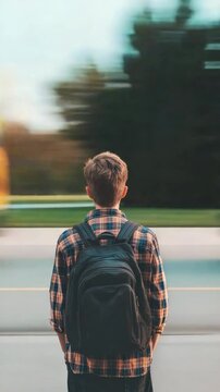Young student with backpack watching school bus going away, missing the ride to school, concept of being late, education, transportation, and back to school