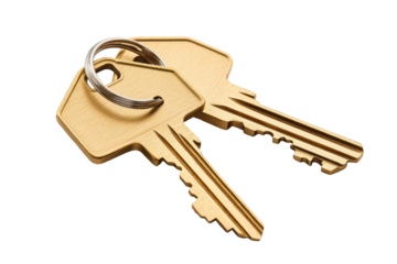 Two gold keys on a keyring home security access security safety isolated on a transparent background