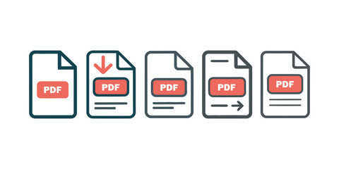 PDF File Document Icons Set with Download and Transfer, vector illustration