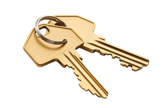 Two gold keys on a keyring home security access security safety isolated on a transparent background