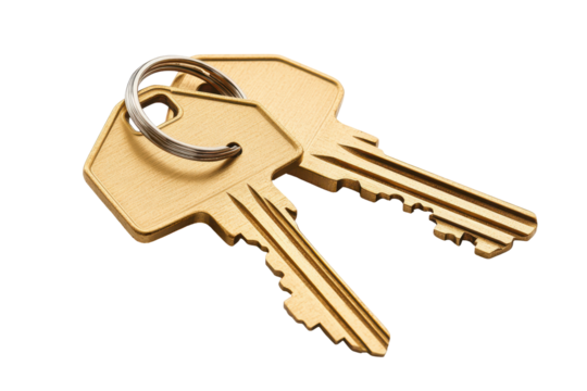 Two gold keys on a keyring home security access security safety isolated on a transparent background
