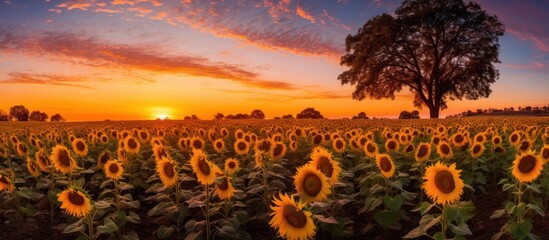 Golden hour paints the serene field with a breathtaking blend of orange and red, as the sun dips below the horizon, silhouetting trees against the vibrant sky