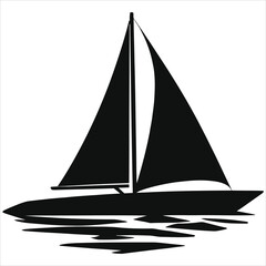 A black sailboat silhouette on calm water, isolated on white background