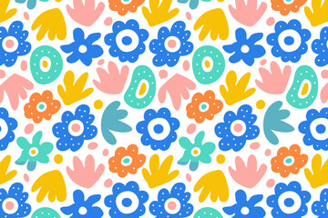 Seamless floral pattern with colorful abstract flowers and leaves on white background. perfect for fabric, wallpaper, and spring designs.