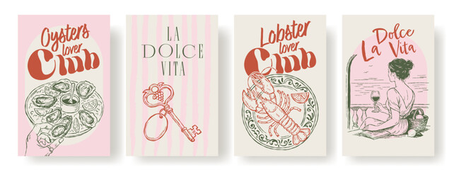 Set of aesthetic Italian-themed posters with oysters, lobster, key, and woman drinking wine. Text “Oysters Lover Club”, “Lobster Lover Club”, and “La Dolce Vita”. Coastal vintage design, Mediterranean