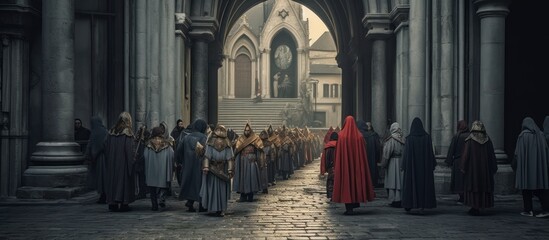 Woman in old fashion dress walking on a London church street with people in a row of city architecture