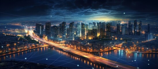 City traffic on an urban highway with a bridge over the river, a Warsaw cityscape at dusk, and a vibrant night skyline