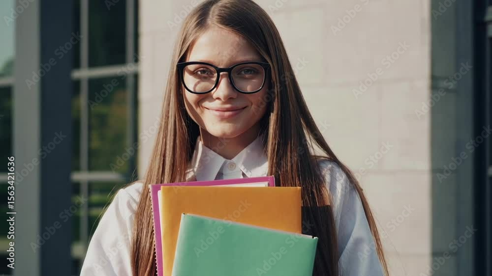 Poster portrait of a cheerful teenage student girl wearing eyeglasses and holding colorful exercise books w
