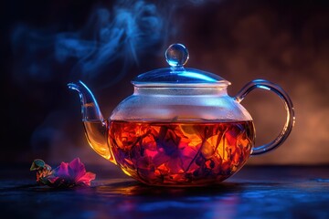 A glass teapot filled with steaming herbal tea. The tea has floral elements and emits wisps of steam against a dark, colorful background.