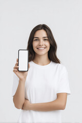Fototapeta premium Smiling woman in white t-shirt holding smartphone mock up with blank screen, showcasing modern technology and user-friendly design in a minimalistic environment