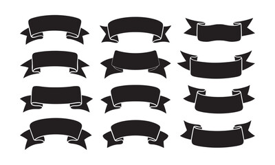 Collection of Black Ribbon Banner Icons and Silhouettes, vector illustration