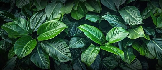 Fresh green plant foliage thrives in the morning garden, showcasing nature's vibrant growth