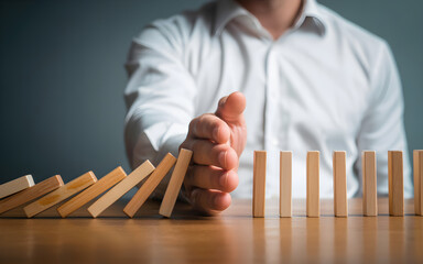 Hand stopping falling dominoes, symbolizing business risk management and leadership.