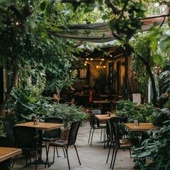 Tranquil garden café with vines and natural light