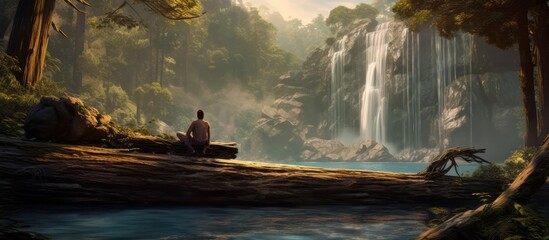 Golden river sunset over a natural mountain landscape with a couple in a boat