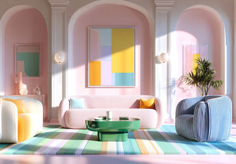 Vibrant modern living room interior with pastel pink walls, colorful furniture and natural light, creating a cheerful, stylish and welcoming atmosphere.