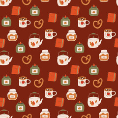 A cozy pattern with a notebook, candles, a kettle, a mug. Objects, food, drink