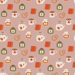 A cozy pattern with a notebook, candles, a kettle, a mug. Objects, food, drink