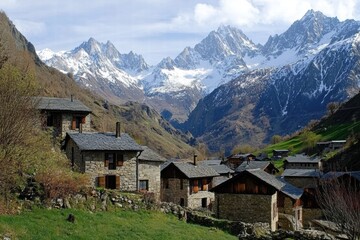 Mountain town houses with rooftops and snowy ridge