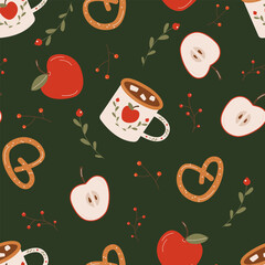 Cozy pattern with apples, tea and pretzel, berries. Food, cooking, kitchen