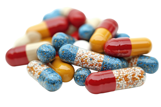 Colorful Capsules Medicine Pills Health Treatment Pharmacy Drugs isolated on a transparent background