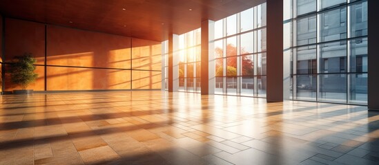 Modern office building interior with an empty hall and glass walls at sunset, highlighting the architecture and light