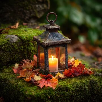 Lantern with glowing candle in forest surrounded by autumn leaves