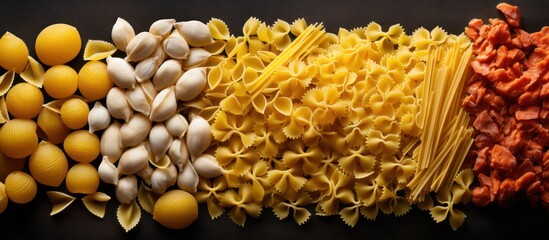Raw corn on the cob and wheat ears on the ground with dry pasta, a healthy vegetarian meal ingredient