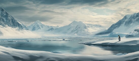 Stunning panoramic winter mountain landscape with snow-capped peaks, reflective lake, and cloudy sky