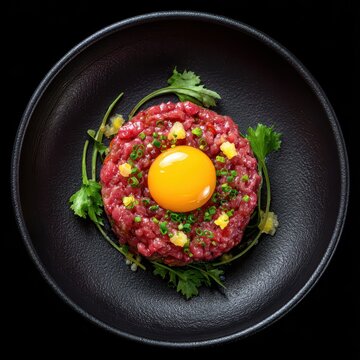 Chopped wagyu tartare with egg yolk in center on black plate
