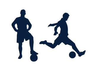 Dynamic Football Silhouette: Dynamic silhouettes of a football player, perfectly captured, standing over the ball ready to dominate, and about to kick the ball