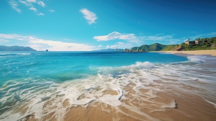 Tropical beach paradise: blue sky, turquoise water, and white sand