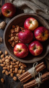 Apples in bowl with almonds and cinnamon bundles &ndash; vertical 9:16 format