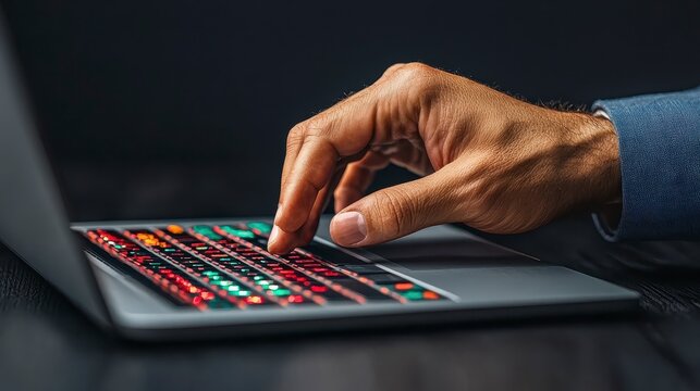 Close up Hand Using Laptop with Red and Green Data on Screen