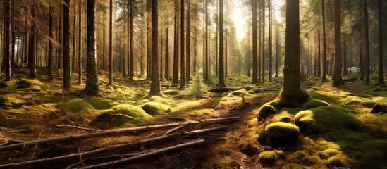 Misty autumn rain gently falls through the sunlit forest, illuminating a path of green foliage and wet leaves