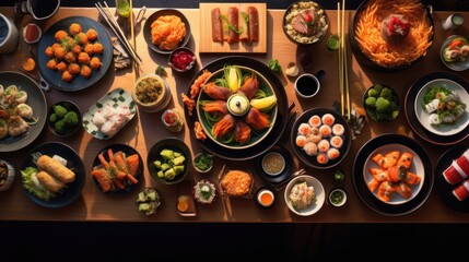Chinese New Year decorations with a delicious fresh sushi meal set