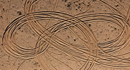 Intricate tire tracks weave a complex pattern across a barren, sandy landscape.