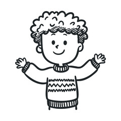 Happy young caucasian boy cartoon with curly hair and sweater