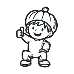 Cartoon child wearing pumpkin hat giving thumbs up in black and white
