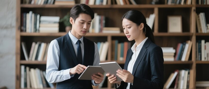 Two professionals discussing while holding tablets in a library setting - Powered by Adobe